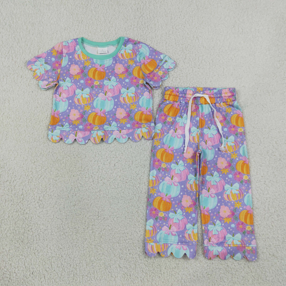 Baby Girls Kids Pumpkins Flower Bows Tops Pants Scallop Fall Set Purple Clothes RTS
