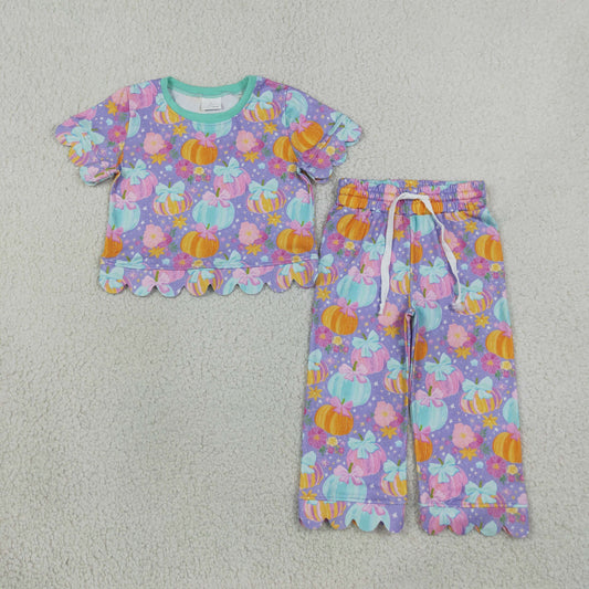 Baby Girls Kids Pumpkins Flower Bows Tops Pants Scallop Fall Set Purple Clothes RTS