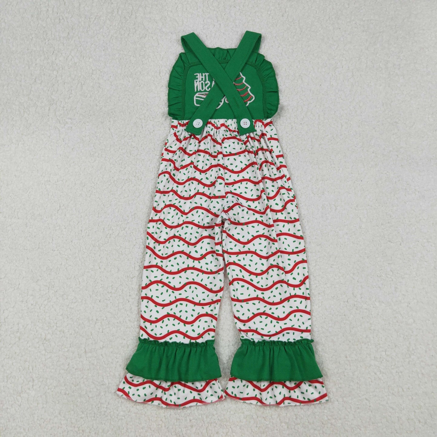 Baby Girl Sleeveless Embroidery Christmas Tree Stripes Ruffle Green Jumpsuit RTS