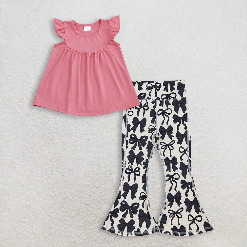 Baby Girls Kids Short Sleeves Pink Tunic Black Bows Bell Pants Set Clothes RTS