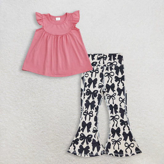 Baby Girls Kids Short Sleeves Pink Tunic Black Bows Bell Pants Set Clothes RTS