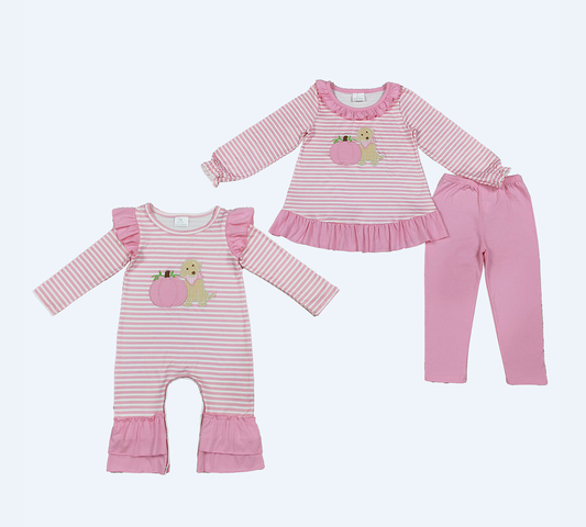 Sibling Baby Girls Kids Embroidery Pumpkins Dogs Stripes Romper Thanksgiving Set Pink Clothes RTS