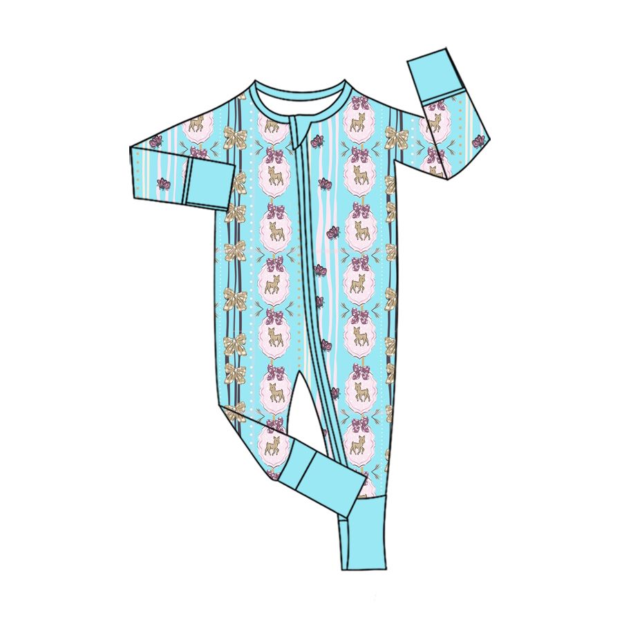 ( Moq 5 ) Preorder Baby Girls Kids Deer Bows Christmas Zipper Sleeper Footie Blue Romper Clothes
