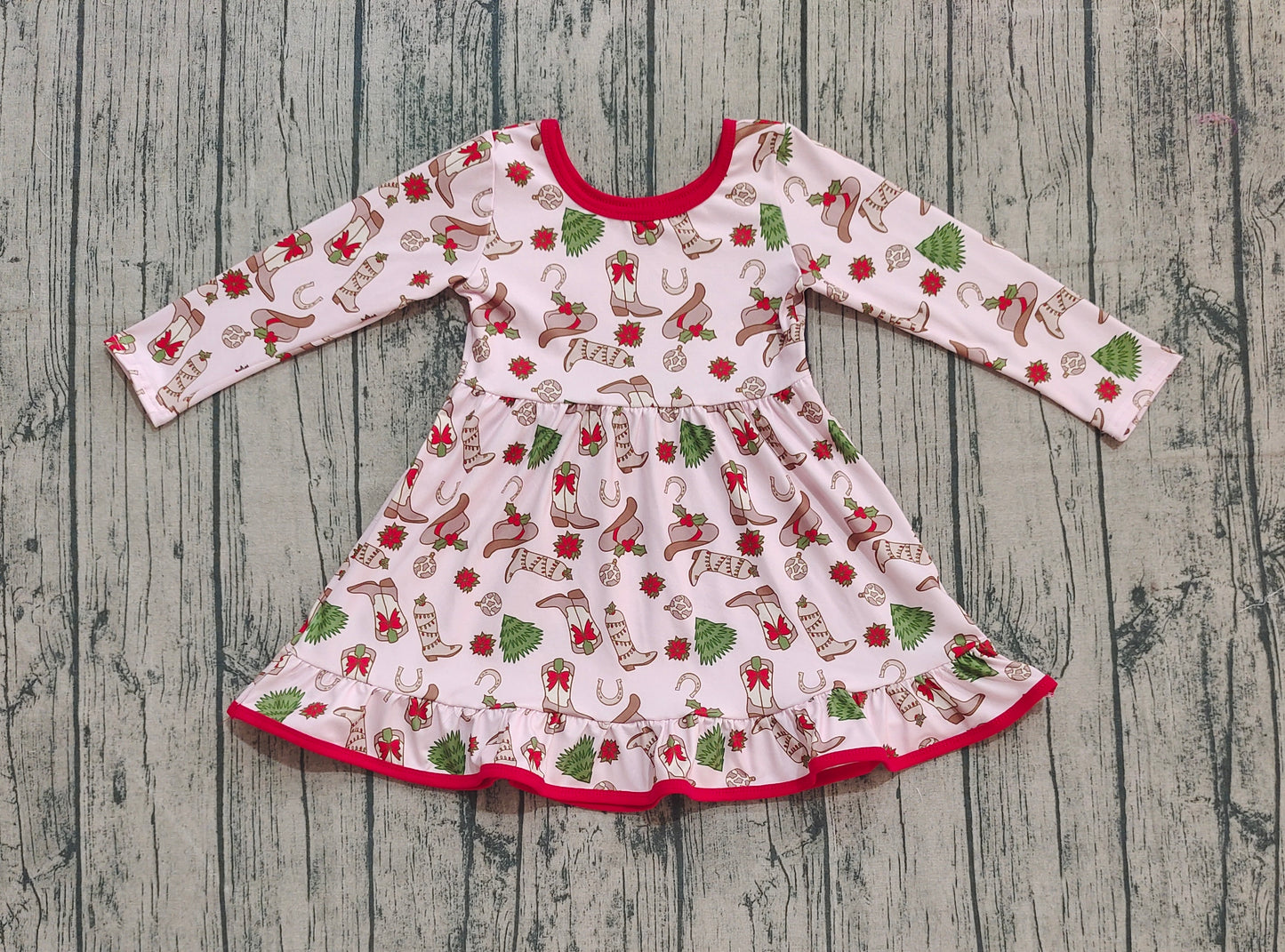( No moq ) Preorder Baby Girl Long Sleeves Bows Boots Western Christmas Ruffle Dress