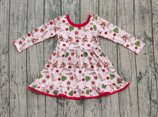 ( No moq ) Preorder Baby Girl Long Sleeves Bows Boots Western Christmas Ruffle Dress