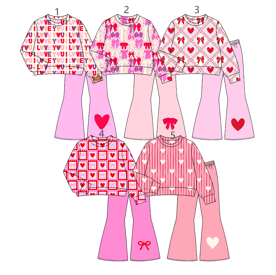 ( Moq 5 Each Style ) Sibling Baby Girls Kids Hearts Bows Shirts Bell Pants Sibling Valentine Sets Clothes