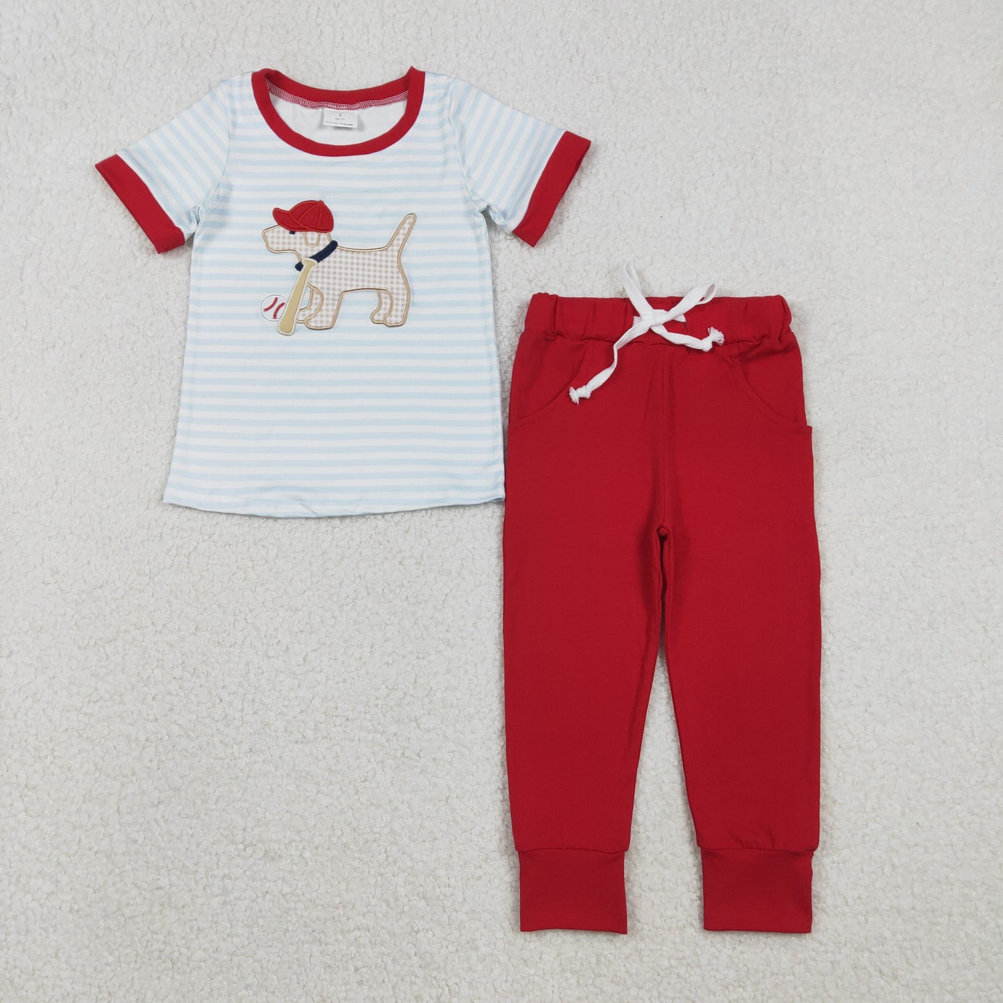 Baby Boys Embroidery Dog Baseball Stripes Shirt Red Pockets Pants Set RTS