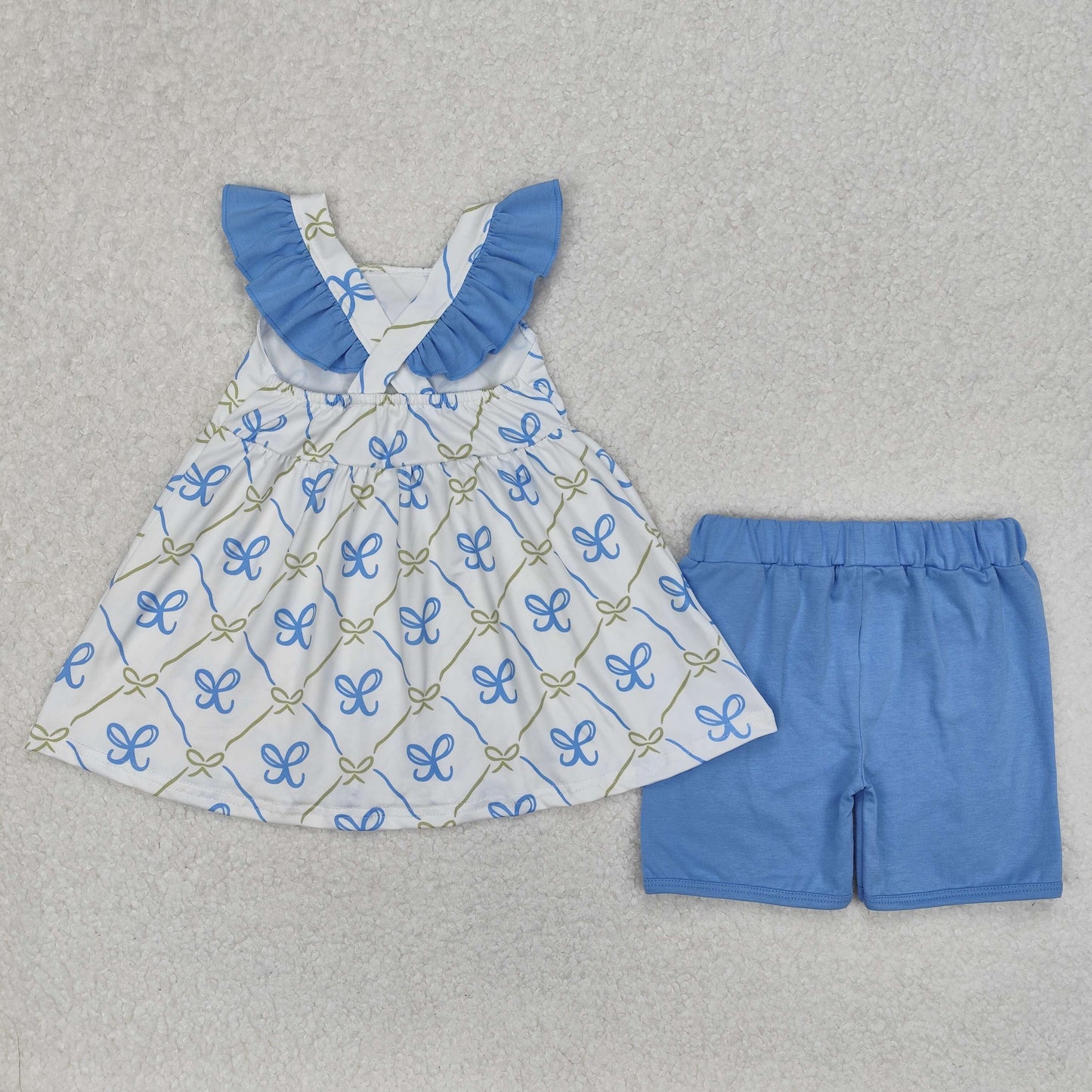 Baby Girl Short Sleeves Bows Tunic Blue Shorts Set RTS