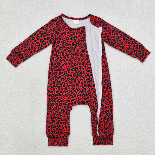 Baby Girl Infant Long Sleeves Christmas Red Green Leopard Zipper Romper