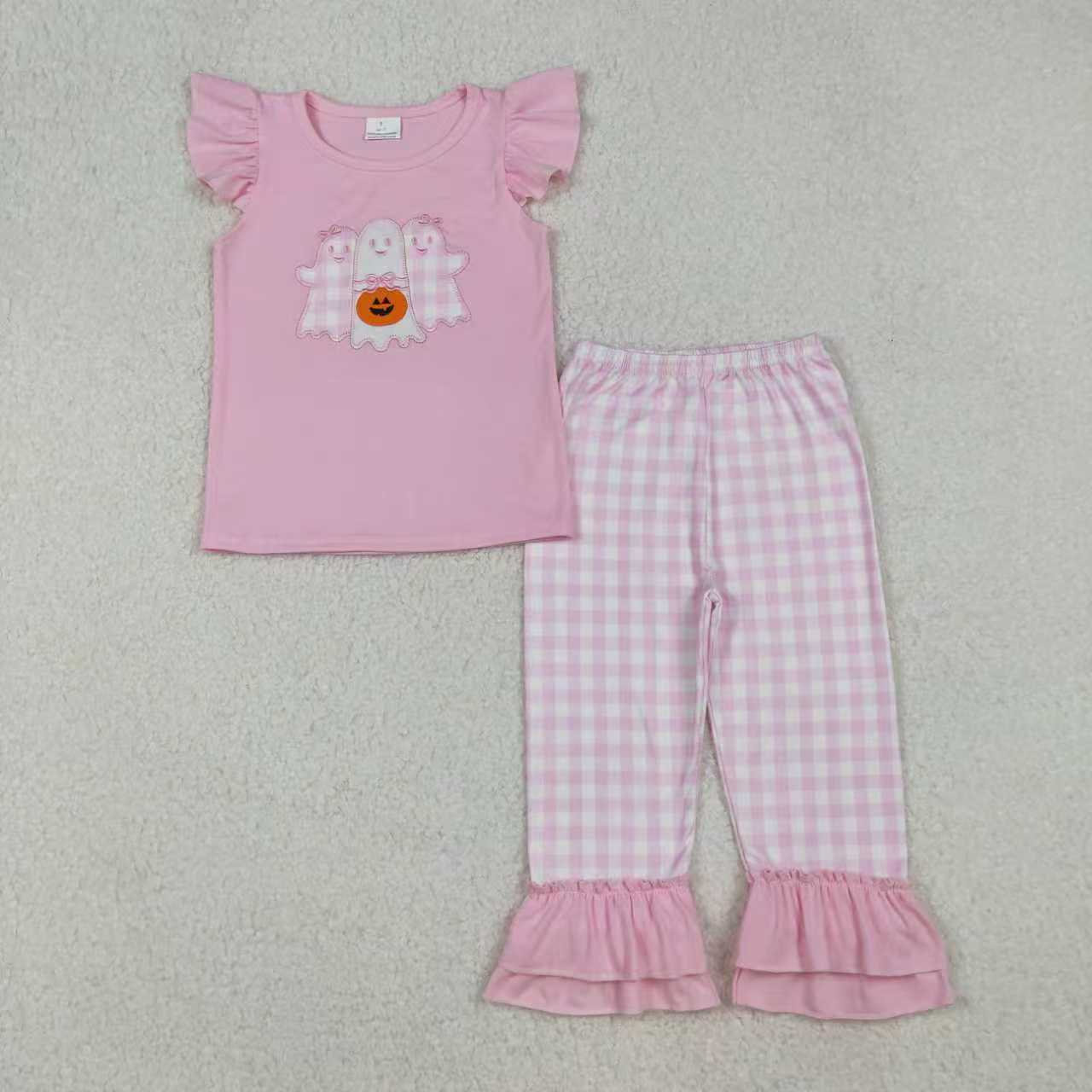 Sibling Boys Girls Short Sleeves Embroidery Ghosts Pumpkin Halloween Romper Set RTS