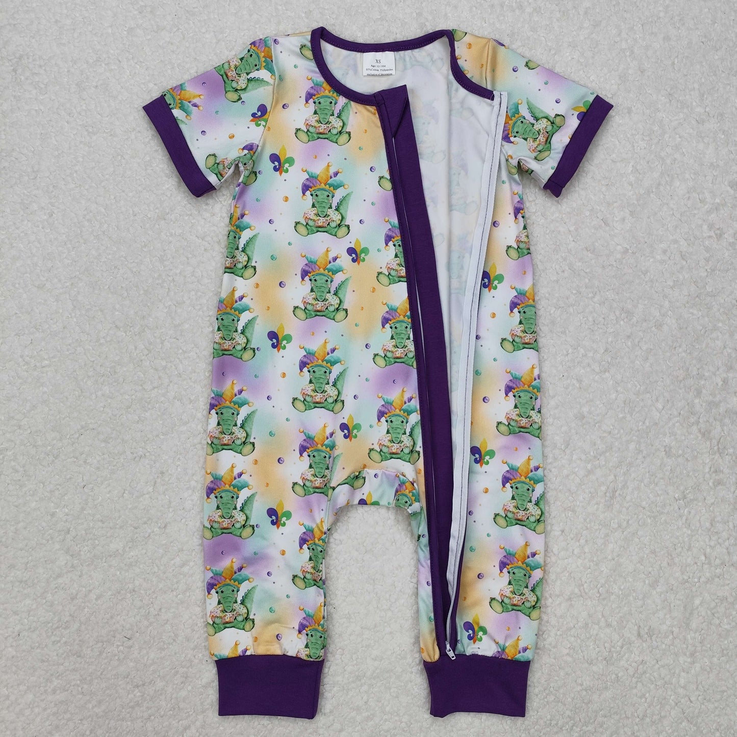 RTS Baby Girl Infant Short Sleeves Mardi Gras Zipper Romper