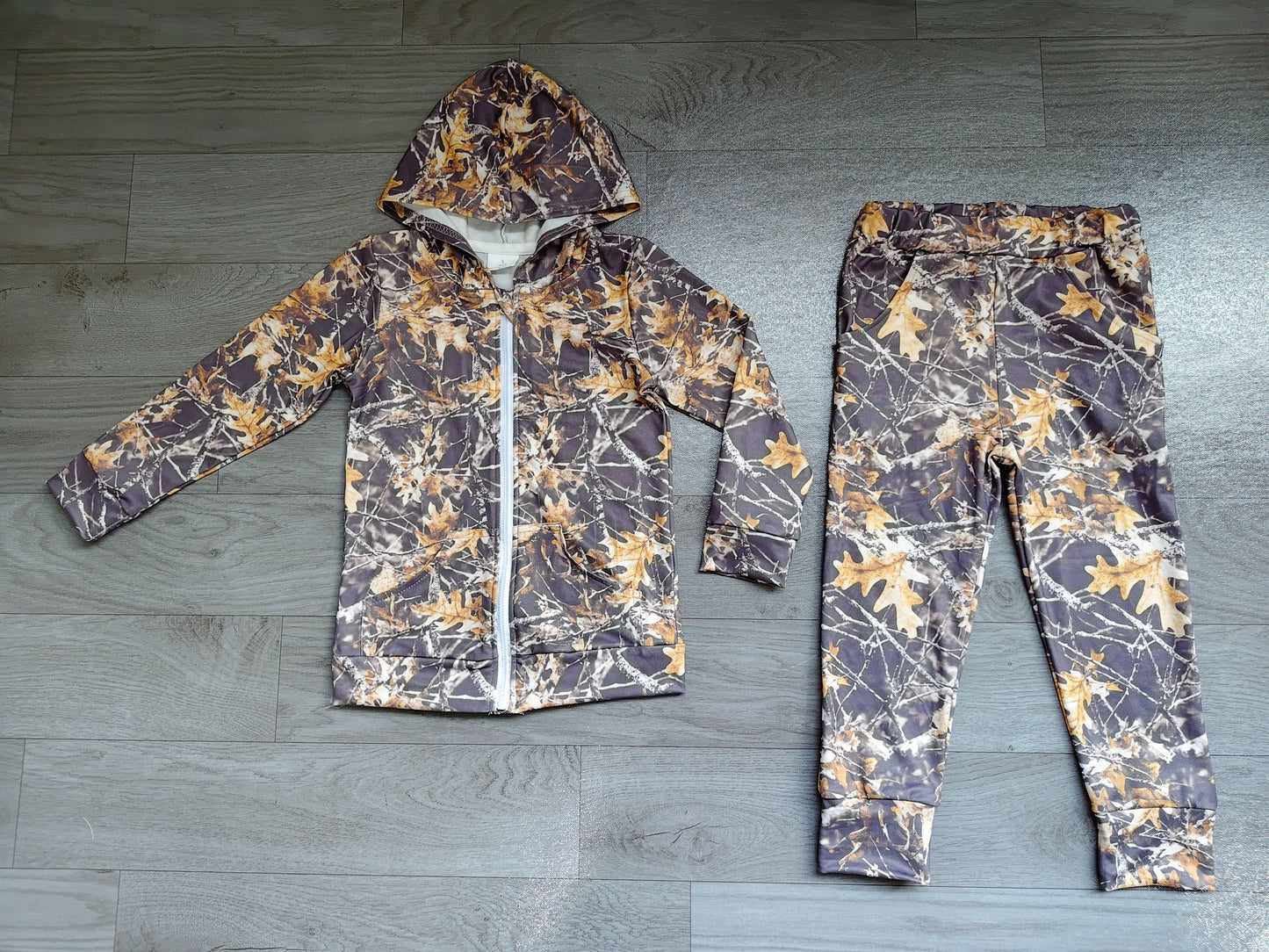 ( No moq ) Preorder Baby Boys Long Sleeves Leaves Pockets Zipper Hoodie Tops Jogger Pants Set Camo Clothes