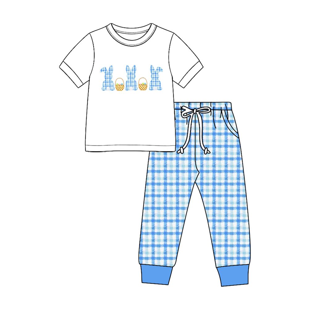 ( Moq 5 ) Preorder Baby Boys Kids Rabbits Eggs Shirt Blue Plaid Pockets Pants Easter Set Clothes
