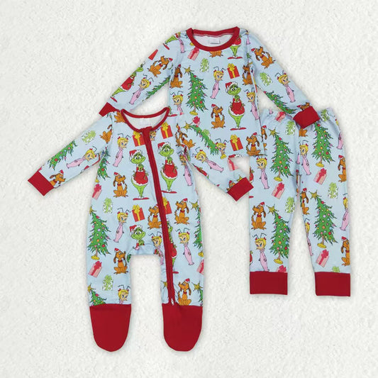 Baby Boys Kids Green Face Christmas Zipper Footie Romper Pajamas Set Sibling Clothes RTS