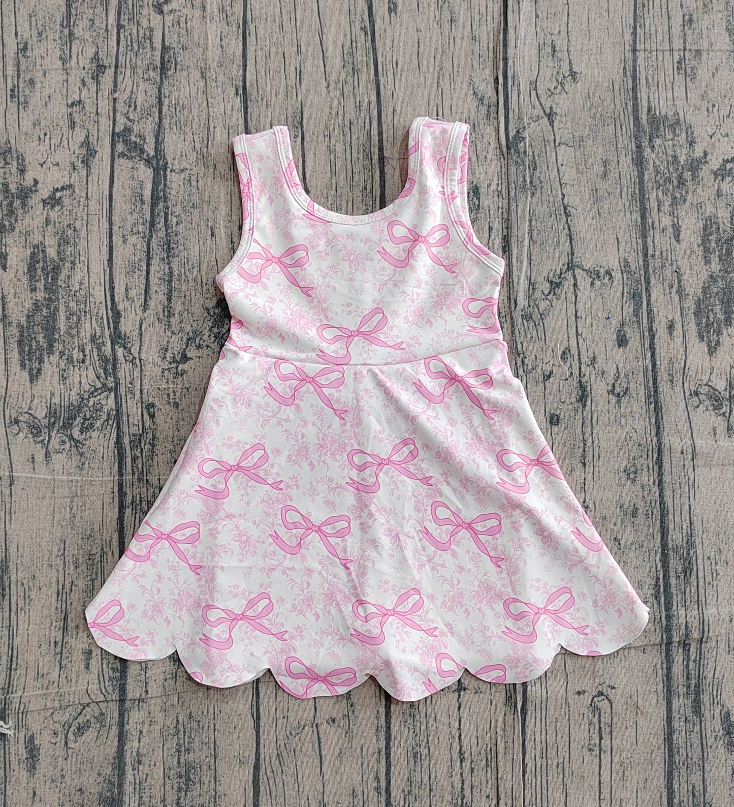 Baby Girls Kids Sleeveless Pink Bows Floral Scallop Yoga Knee Length Dress RTS