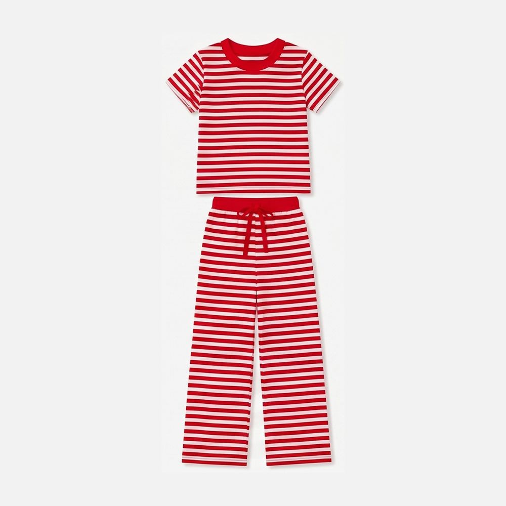 ( Moq 5 ) Preorder Baby Girls Kids Short Sleeves Red Stripes Shirt Pants Pajamas Set Clothes
