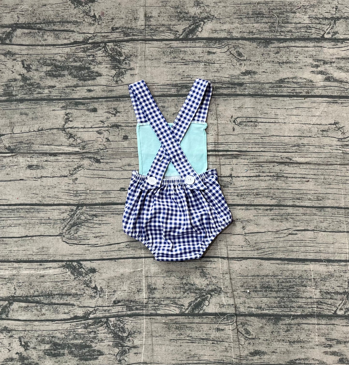 ( No moq ) Preorder Baby Boys Straps Embroidery Fishing Blue Plaid Bubble Romper