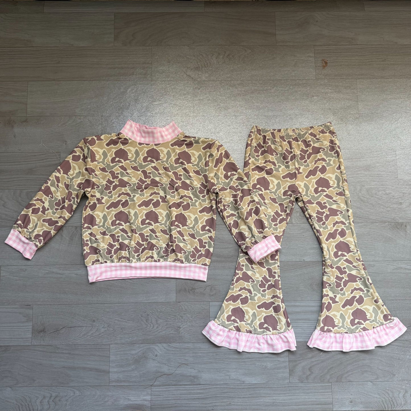 ( No moq ) Preorder Baby Girls Kids Long Sleeves Plaid Pullover Camo Bell Pants Set Clothes