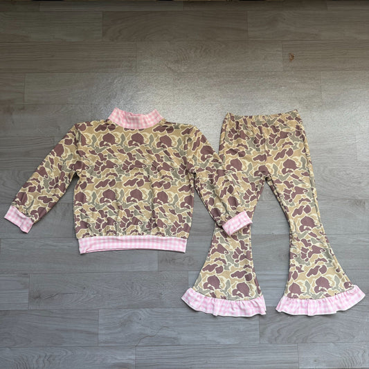 ( No moq ) Preorder Baby Girls Kids Long Sleeves Plaid Pullover Camo Bell Pants Set Clothes
