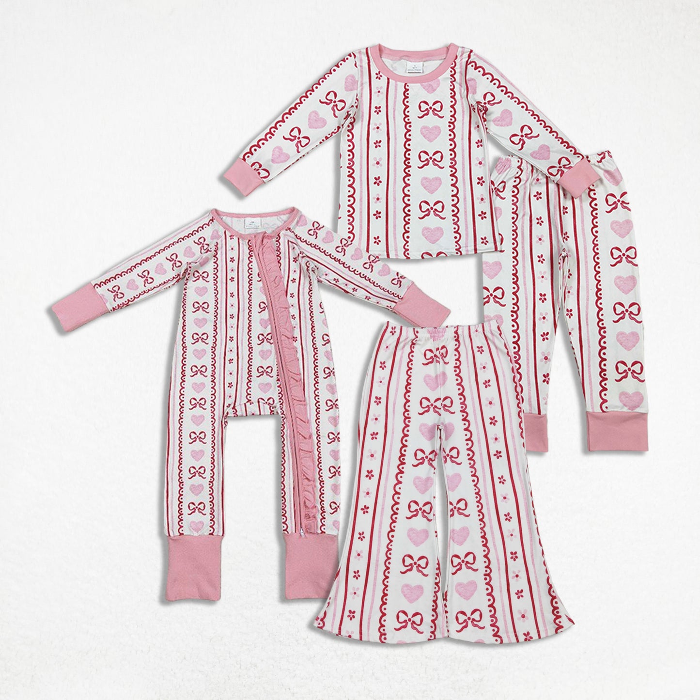 Sibling Baby Girls Kids Hearts Bows Floral Valentine Zipper Romper Pants Pajamas Sets RTS