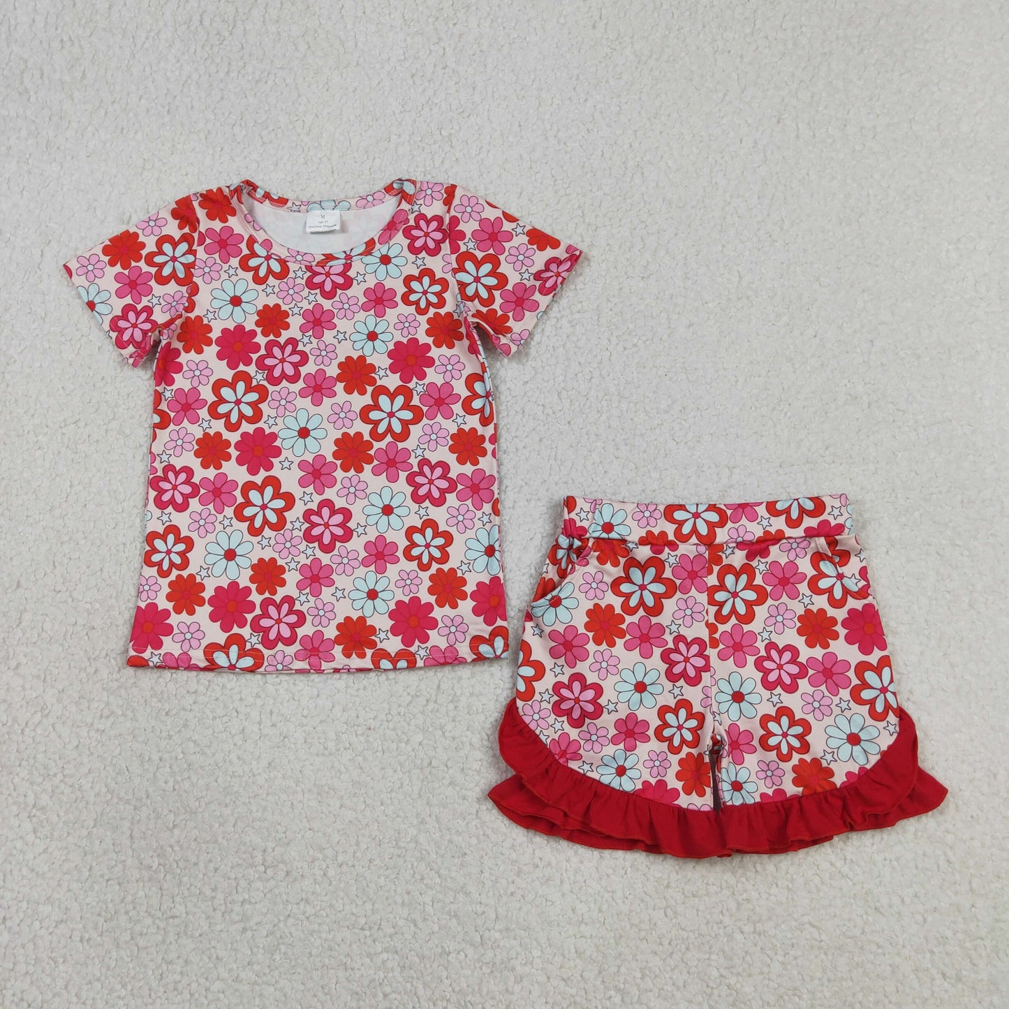 Sibling Baby Girls Kids Short Sleeves Flower Bows Tigers Shirts Ruffle Shorts Sets Summer Clothes RTS