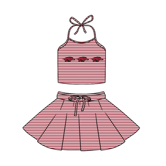 ( Moq 5 ) Baby Girls Kids Halter Pigs Shirt Red Stripes Shorts Skirt Team Clothes Set