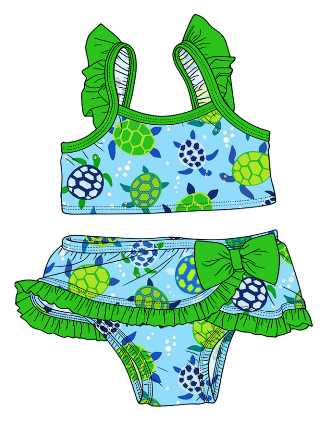 ( Moq 5 Each Style ) Sibling Baby Girls Kids Summer Tops Ruffle Shorts Green Bows Sets Swimsuits