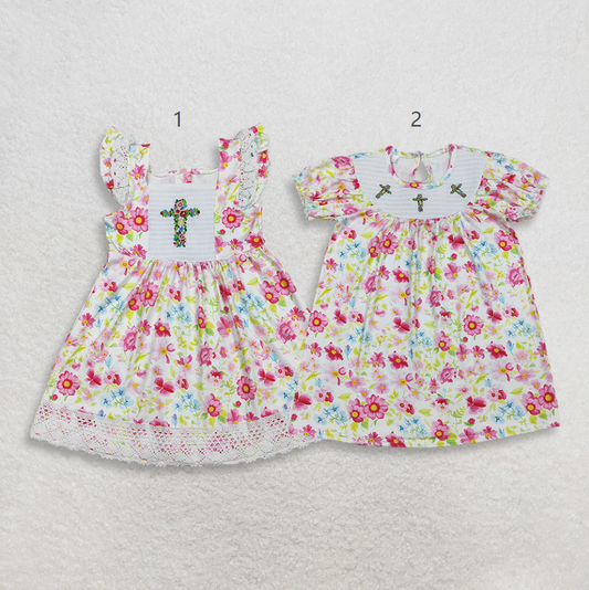 Sibling Baby Girls Kids Short Sleeves Embroidery Crosses Flower Easter Knee Length Dresses RTS
