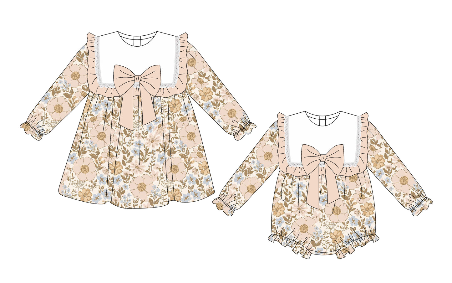 ( Moq 5 Each Style ) Sibling Baby Girls Kids Long Sleeves Flower Bows Romper Dress Set Clothes