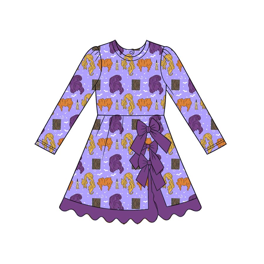( Moq 5 ) Preorder Baby Girls Kids Long Sleeves Halloween Purple Bows Scallop Dress Yoga Active Clothes