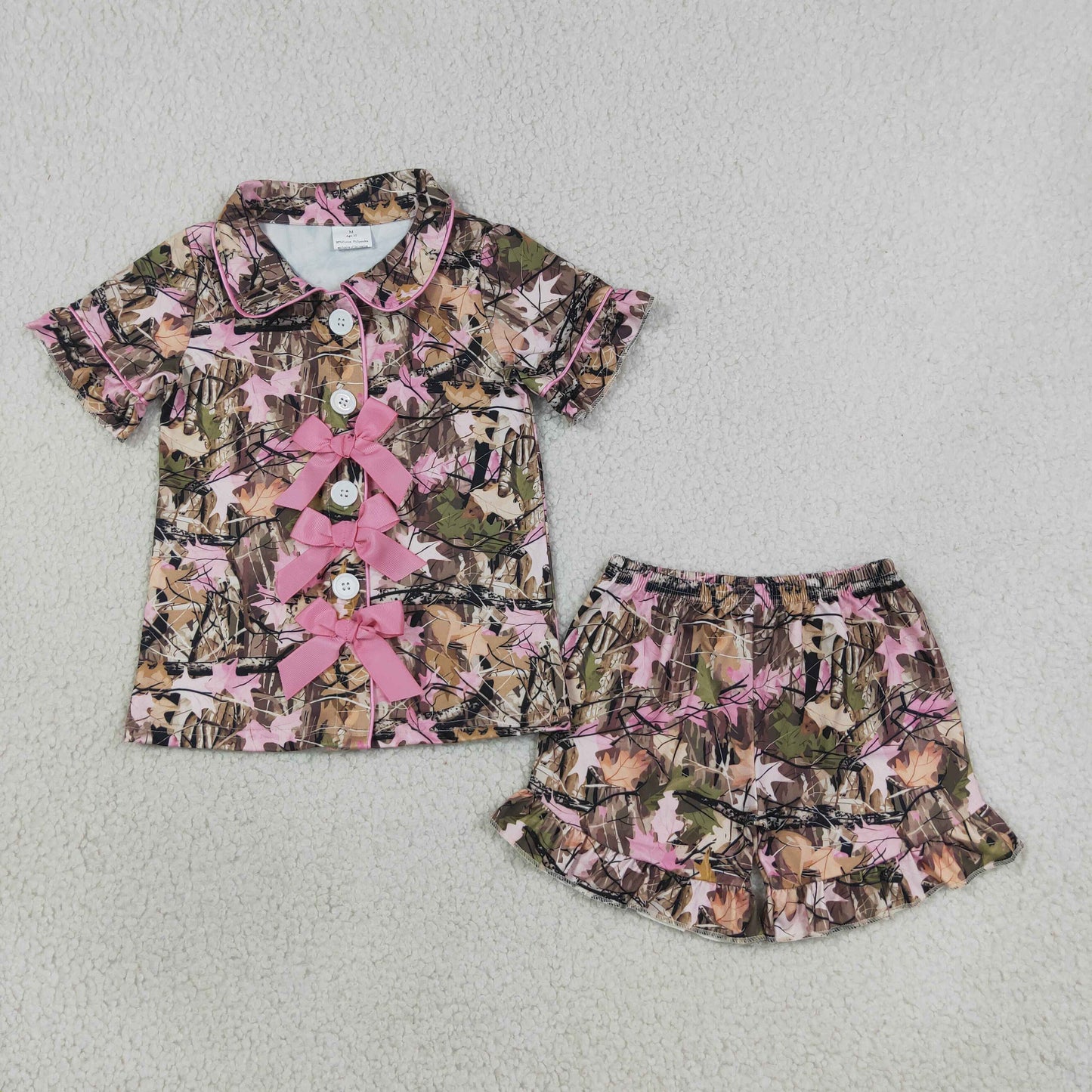 Baby Girls Kids Pink Bows Buttons Shirt Leaves Ruffle Shorts Hunting Pajamas Set RTS