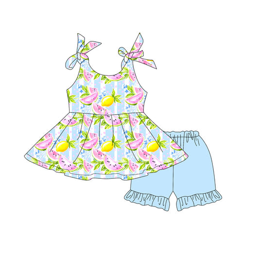 ( Moq 5 ) Preorder Baby Girls Kids Straps Fruits Stripes Tunic Blue Ruffle Shorts Set Summer Clothes
