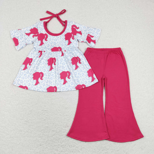 GSPO1187 Baby Kids Short Sleeves Doll Tunic Hotpink Pants Set