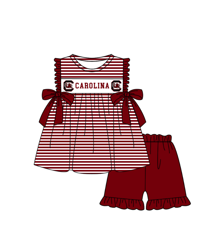 ( Moq 5 ) Baby Girls Toddler Short Sleeves Bows Chicken Stripes Tunic Red Shorts Team Set