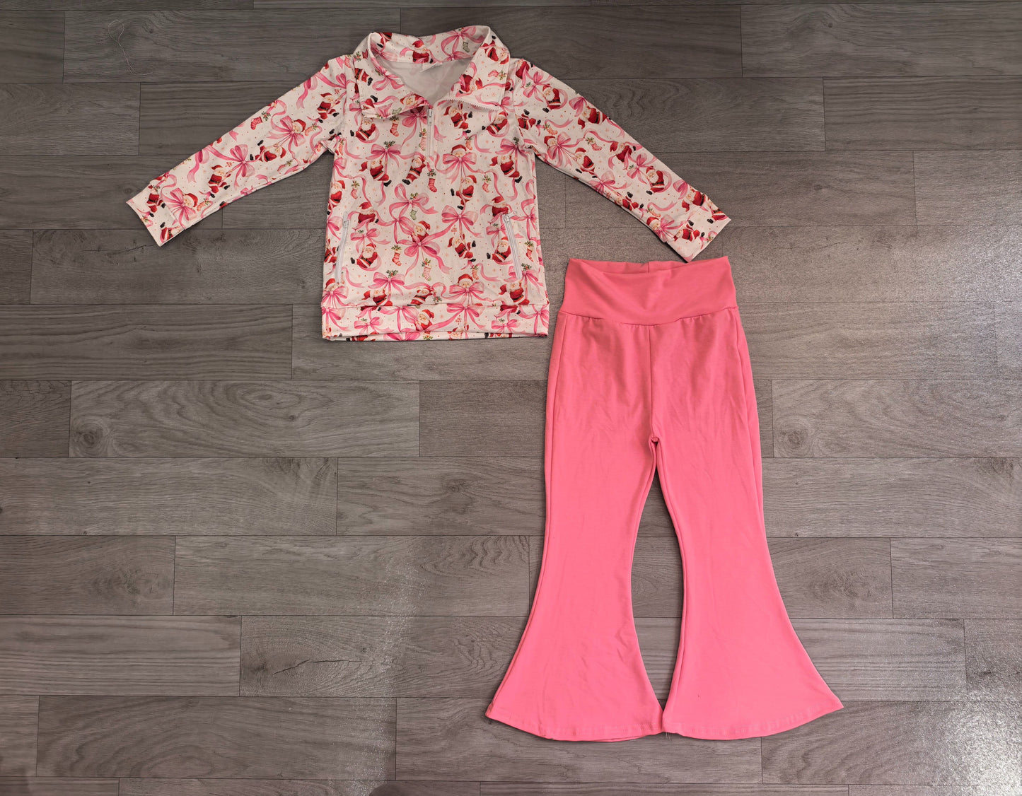 ( No moq ) Preorder Baby Girls Kids Christmas Santa Bows Zipper Pockets Tops Pink Pants Set Clothes