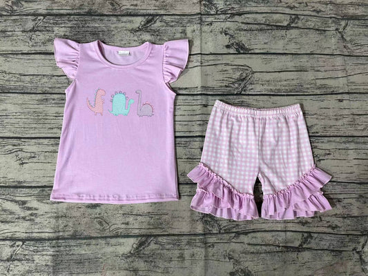 No moq Pre-order GSSO0411 Baby Girl Dinosaurs Tops Plaid Ruffle Shorts Summer Purple Set