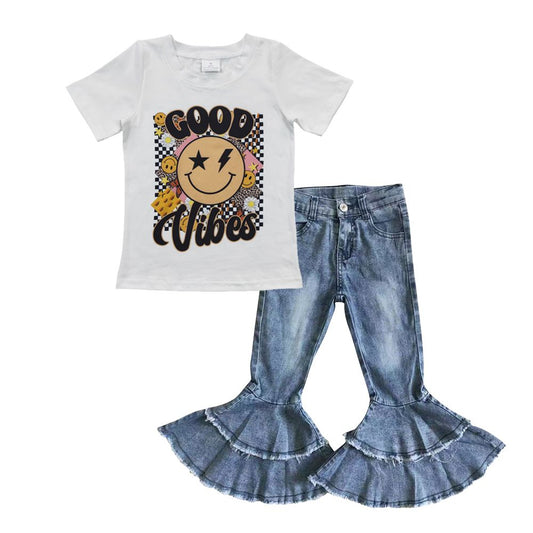 Baby Girl Short Sleeves Good Vibes Shirt Denim Bell Pants Outfit