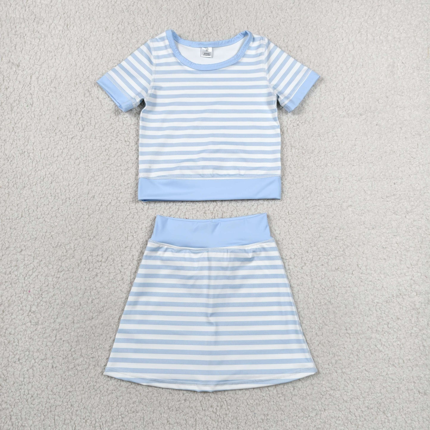 Baby Girls Kids Short Sleeves Shirt Blue Stripes Skirt Shorts Set Yoga Active Clothes RTS