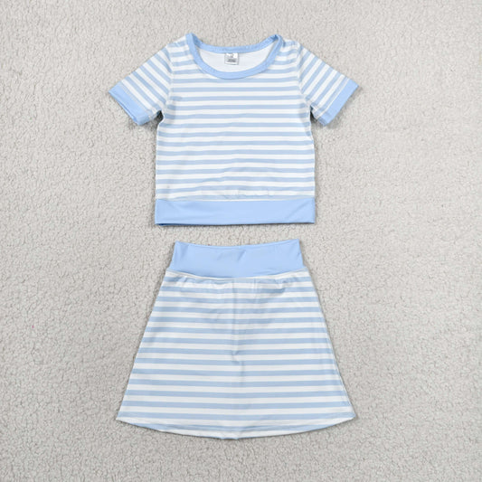 Baby Girls Kids Short Sleeves Shirt Blue Stripes Skirt Shorts Set Yoga Active Clothes RTS