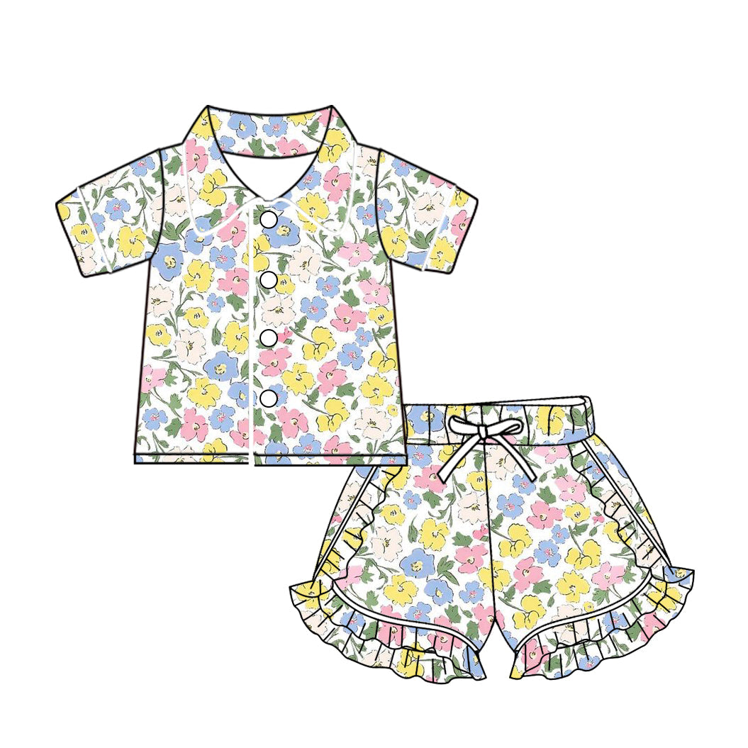 Baby Girl Short Sleeves Floral Buttons Short Summer Pajamas Clothes Set Moq 5