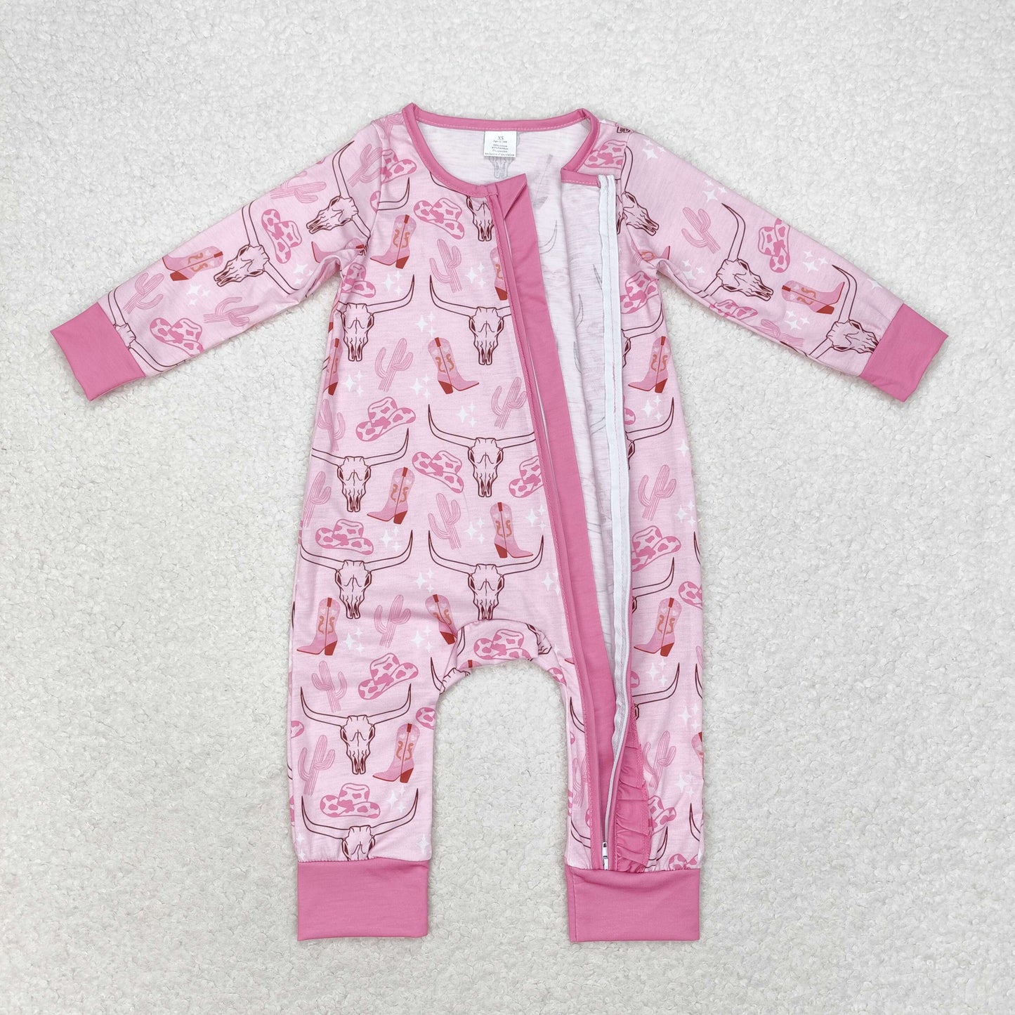 RTS Baby Girl Cow Skull Pink Ruffle Zip Romper