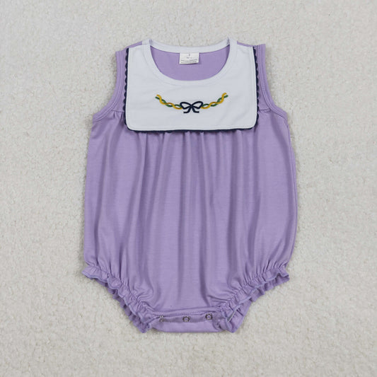 Girls Infant Sleeveless Embroidery Mardi Gras Bow Purple Bubble Romper RTS