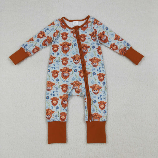 Baby Girls Infant Long Sleeves Western Cows Flower Zipper Romper Clothes RTS