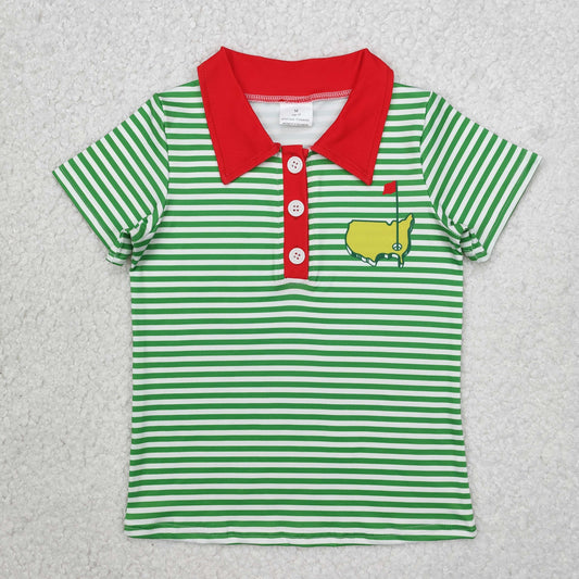 Baby Boy Short Sleeves Golf Flag Green Stripes Buttons Shirt