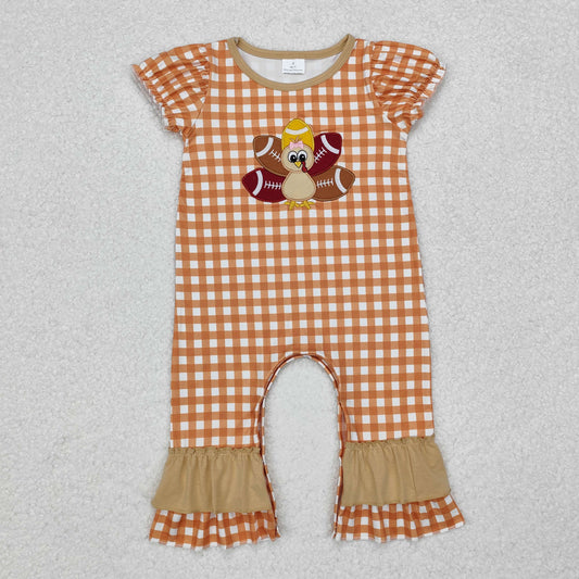 Baby Girl Short Sleeves Embroidery turkey Plaid Thanksgiving Romper