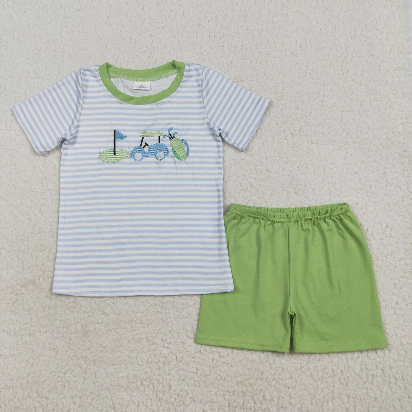 Baby Boy Short Sleeves Stripes Embroidery Golf Shirt Green Shorts Set RTS
