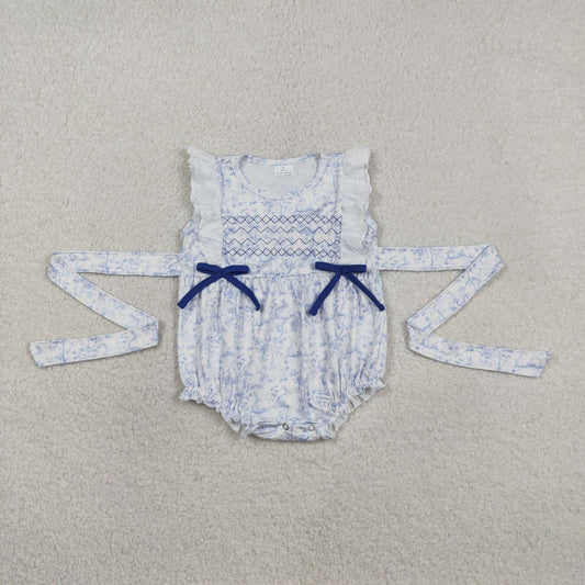 Baby Girls Infant Embroidery Bows Easter Rabbits Knee Bubble Romper RTS