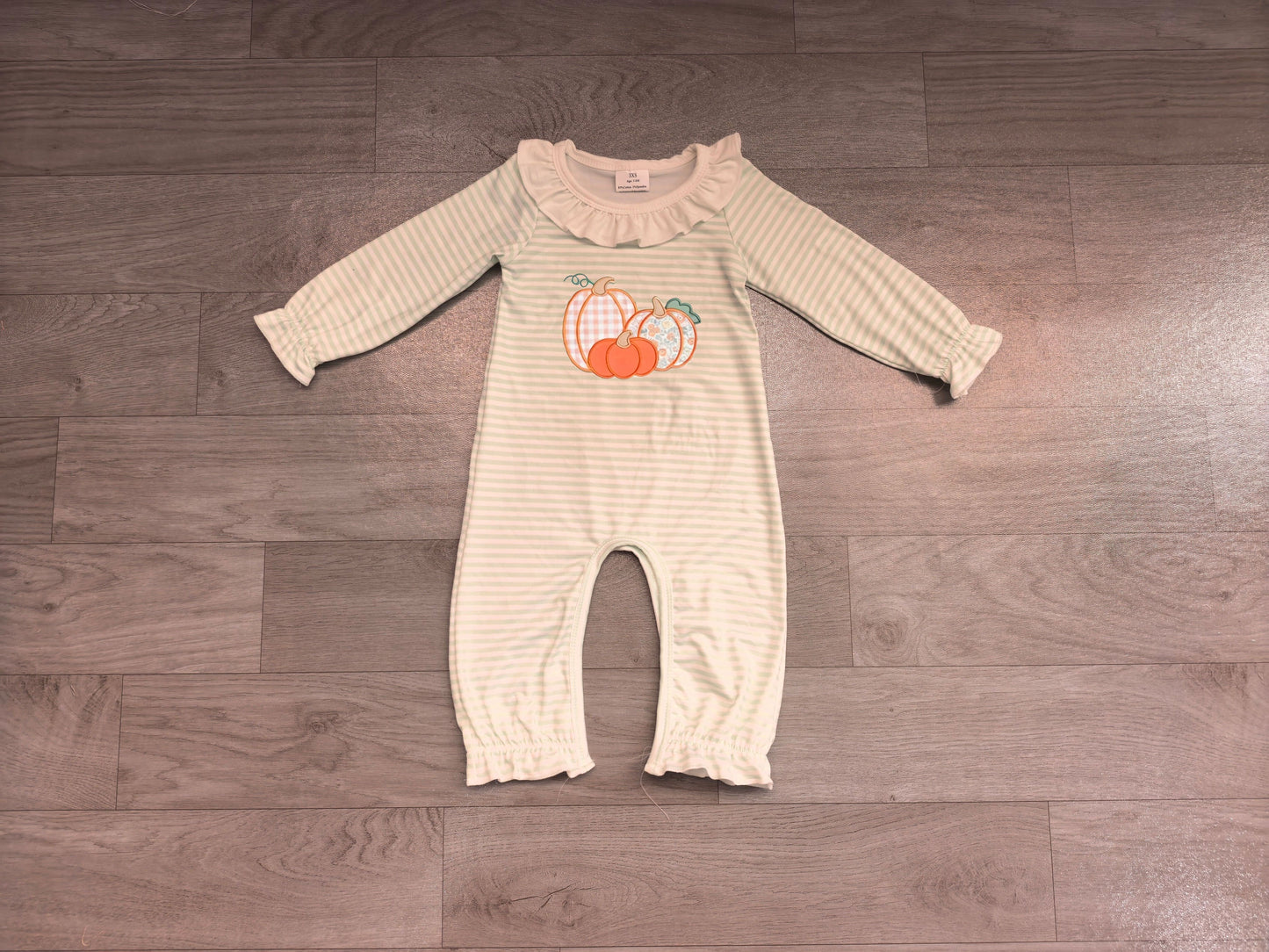 ( No moq ) Preorder Baby Girl Kids Embroidery Pumpkins Green Stripes Fall Romper Clothes