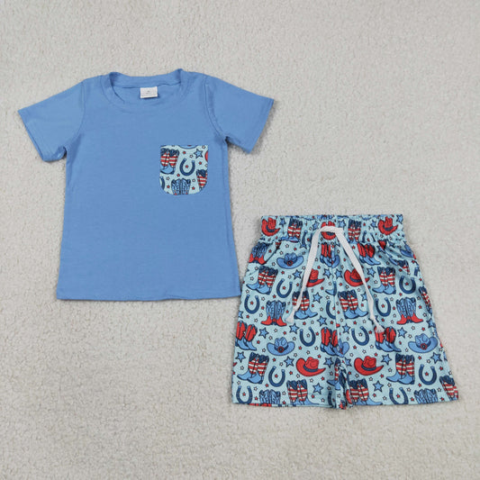 Baby Boys Short Sleeves Blue Shirt Hats Boots Stars Pockets Shorts 4th of July Western Set RTS