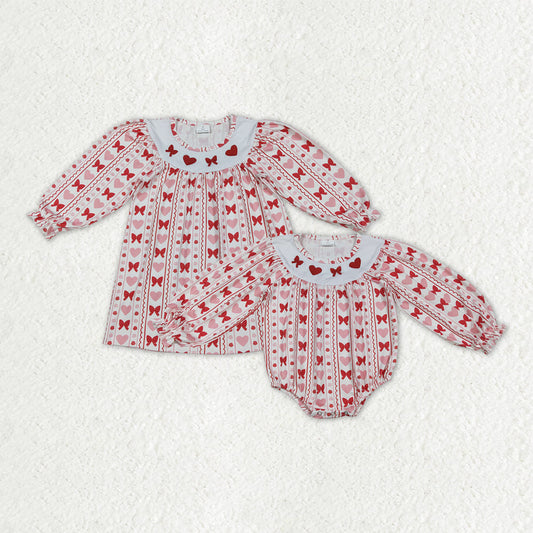 Sibling Baby Girl Long Sleeves Embroidery Red Hearts Bows Valentine's Day Romper Dress RTS